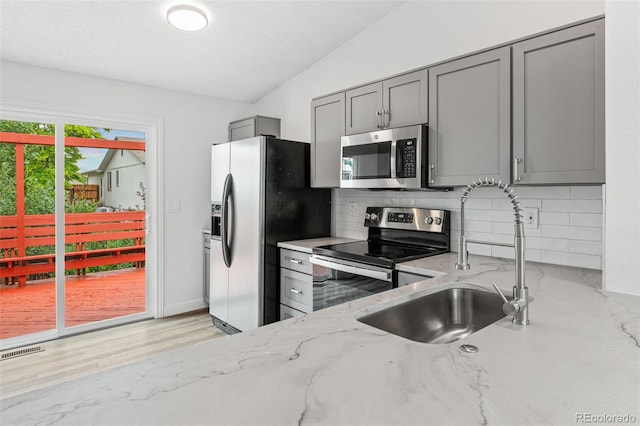 2777 S Sedalia St, Aurora, CO 80013 - kitchen featuring stainless steel appliances, gray cabinetry, backsplash, and lofted ceiling
