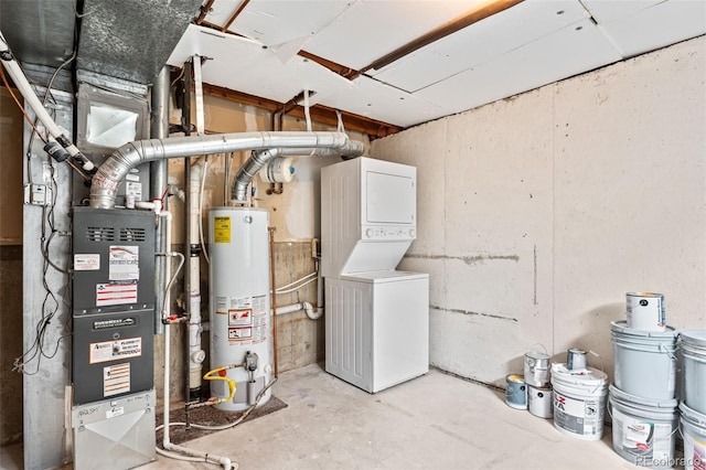 2777 S Sedalia St, Aurora, CO 80013 - unfinished basement featuring stacked washing machine and dryer, water heater, and heating unit
