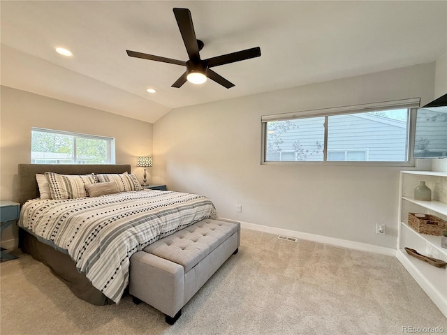 4425 E Harvard Ave, Denver, CO 80222 - bedroom featuring baseboards, carpet, recessed lighting, ceiling fan, and vaulted ceiling