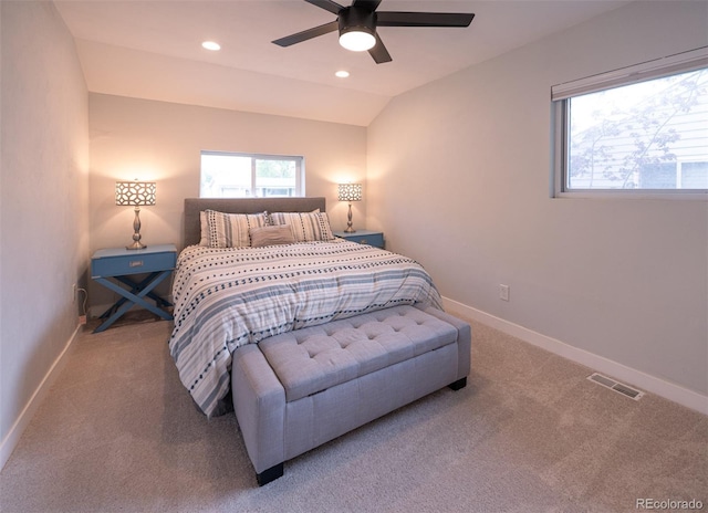 4425 E Harvard Ave, Denver, CO 80222 - bedroom with carpet, baseboards, recessed lighting, vaulted ceiling, and a ceiling fan