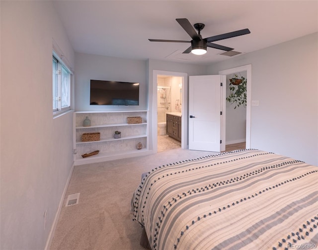 4425 E Harvard Ave, Denver, CO 80222 - bedroom featuring baseboards, carpet, connected bathroom, and ceiling fan