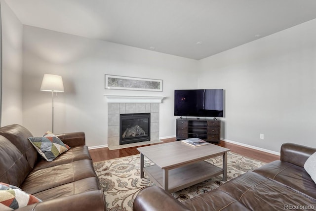 7686 Grady Cir, Castle Rock, CO 80108 - living room featuring baseboards, wood finished floors, and a fireplace