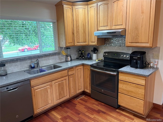 14963 E Adriatic Pl, Aurora, CO 80014 - kitchen featuring electric range, dishwasher, under cabinet range hood, and backsplash