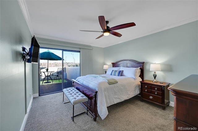 bedroom with crown molding, light colored carpet, access to exterior, and ceiling fan