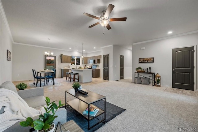 carpeted living room with crown molding and ceiling fan with notable chandelier