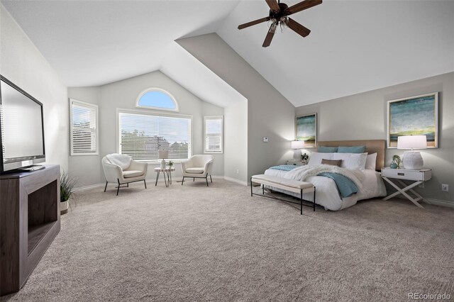 7067 Gray Fox Ct, Highlands Ranch, CO 80130 - bedroom with carpet floors, lofted ceiling, baseboards, and a ceiling fan