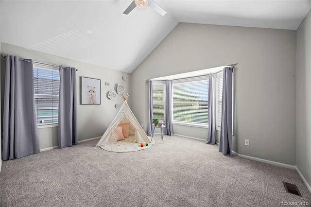 7067 Gray Fox Ct, Highlands Ranch, CO 80130 - rec room featuring a ceiling fan, vaulted ceiling, carpet, and baseboards