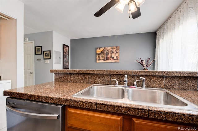 9713 W Chatfield Ave Unit F, Littleton, CO 80128 - kitchen featuring dishwasher, a sink, a ceiling fan, and brown cabinetry
