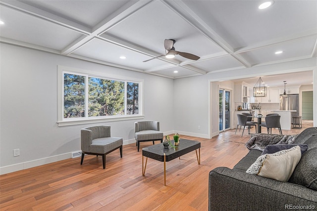 living room featuring coffered ceiling, beam ceiling, and light hardwood / wood-style flooring