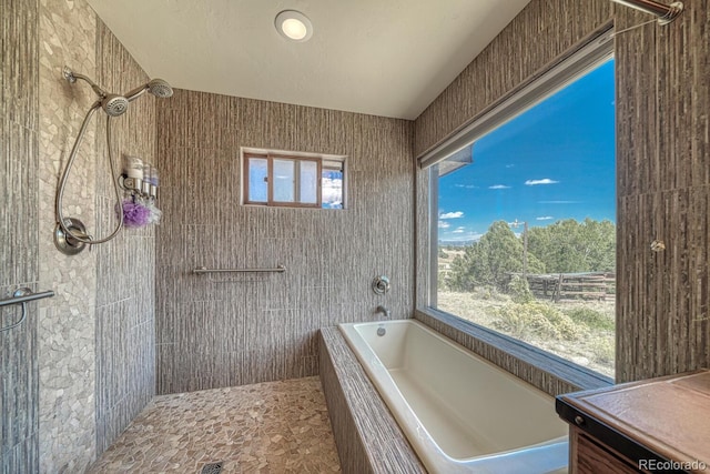 bathroom with separate shower and tub and vanity