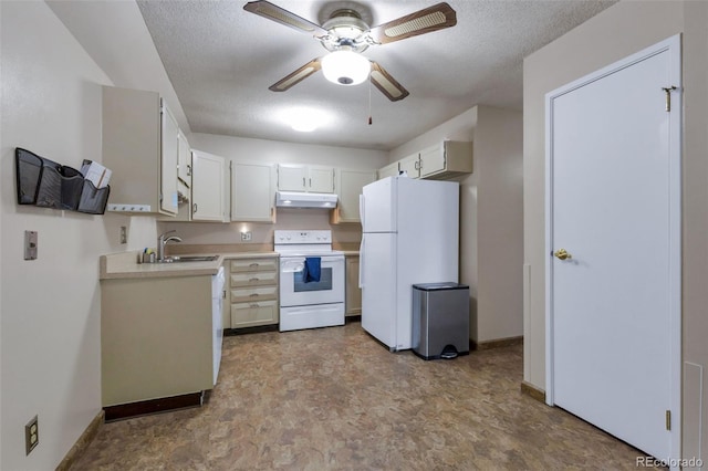 13606 E Bates Ave Unit 102, Aurora, CO 80014 - kitchen with white appliances, under cabinet range hood, light countertops, a ceiling fan, and a textured ceiling