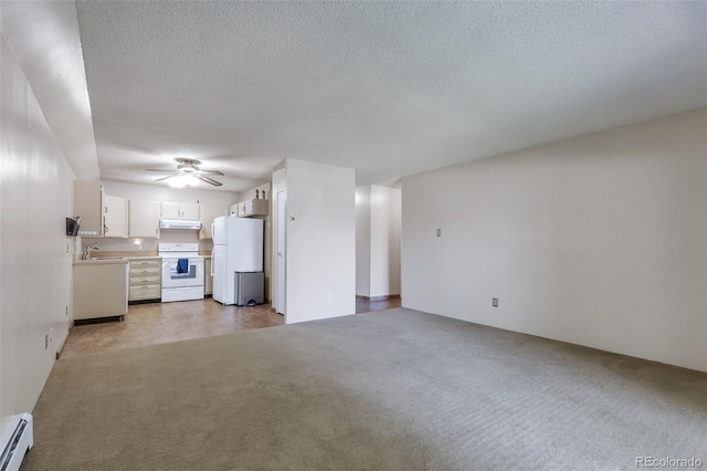 13606 E Bates Ave Unit 102, Aurora, CO 80014 - unfurnished living room featuring a baseboard heating unit, ceiling fan, a textured ceiling, and light colored carpet