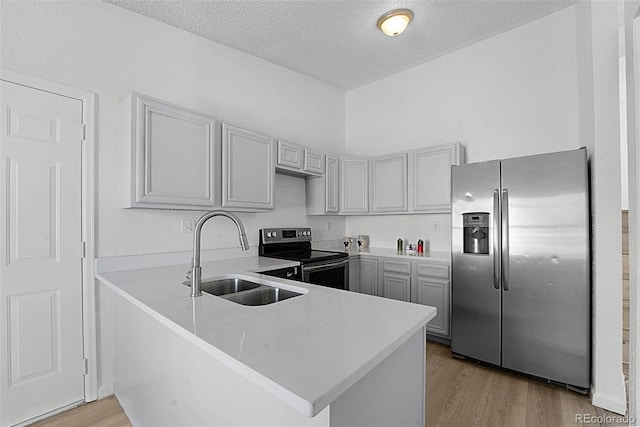 5112 Duluth Ct, Denver, CO 80239 - kitchen featuring stainless steel fridge with ice dispenser, range with electric stovetop, gray cabinetry, a peninsula, and light countertops