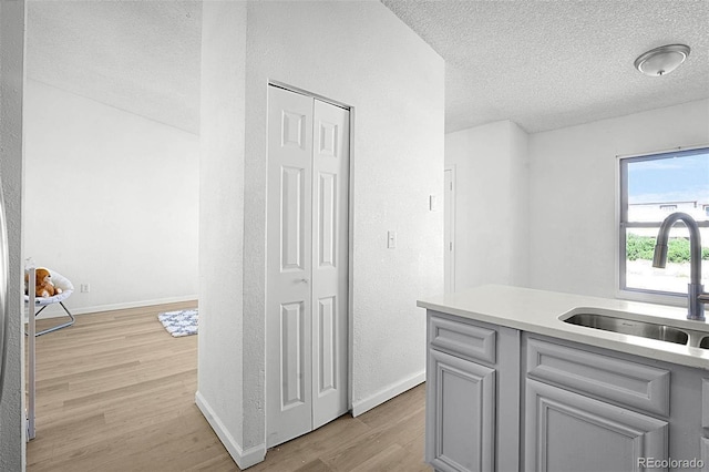 5112 Duluth Ct, Denver, CO 80239 - kitchen with a textured ceiling, light wood-type flooring, light countertops, gray cabinets, and a textured wall