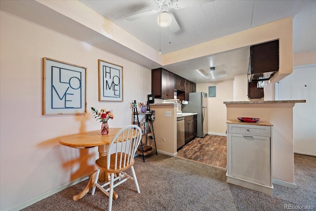 13393 E Asbury Dr Unit 103, Aurora, CO 80014 - kitchen featuring appliances with stainless steel finishes, a ceiling fan, dark colored carpet, light countertops, and dark brown cabinetry