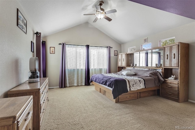 13415 Kearney St, Thornton, CO 80602 - bedroom with light carpet, vaulted ceiling, a ceiling fan, and baseboards