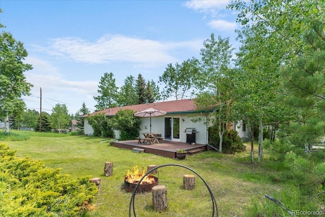 8427 S Custer Ln, Evergreen, CO 80439 - back of house featuring a fire pit, a deck, and a yard