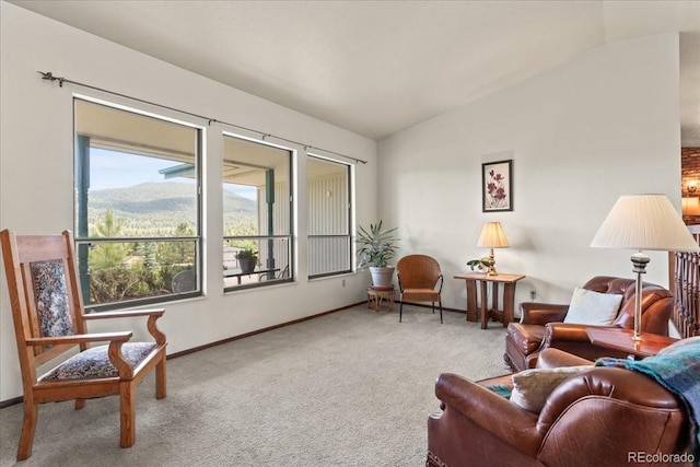 8427 S Custer Ln, Evergreen, CO 80439 - living area with lofted ceiling, carpet, and a mountain view