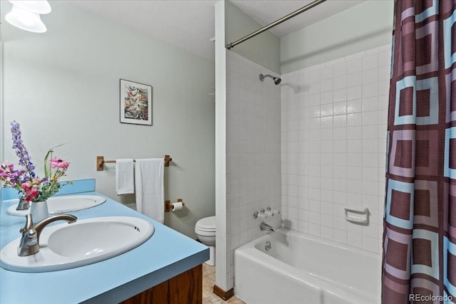 8427 S Custer Ln, Evergreen, CO 80439 - full bathroom with shower / bath combo with shower curtain, double vanity, and tile patterned flooring