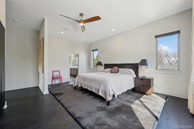 bedroom with dark wood-type flooring, baseboards, ceiling fan, and recessed lighting