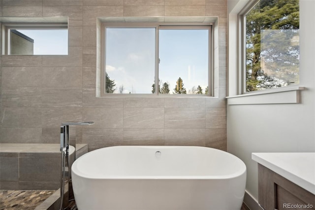 bathroom featuring vanity, a freestanding tub, and tile walls