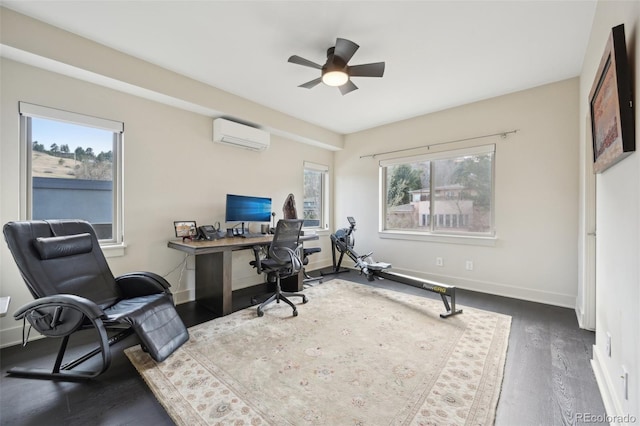 office with ceiling fan, baseboards, a healthy amount of sunlight, and a wall mounted AC