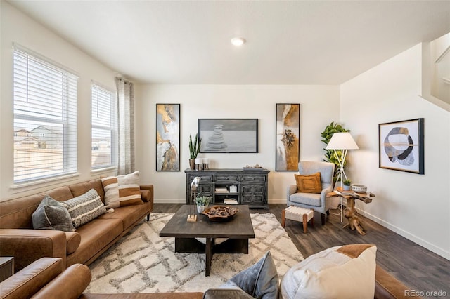 living room with dark hardwood / wood-style floors