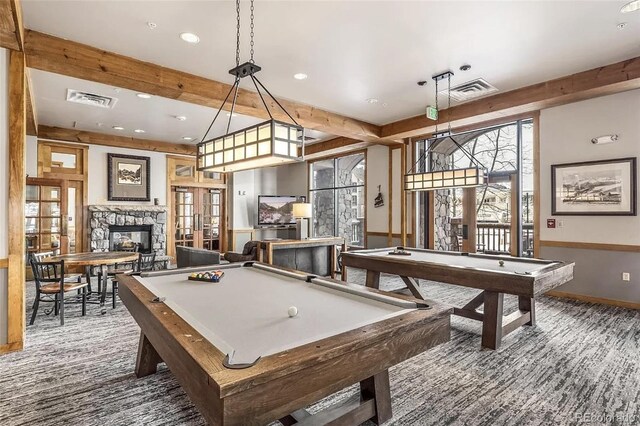 150 Dercum Sq Unit 8501, Keystone, CO 80435 - playroom featuring carpet flooring, visible vents, beam ceiling, and billiards