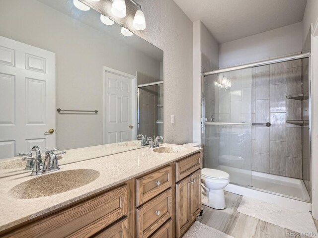 bathroom with vanity, an enclosed shower, and toilet