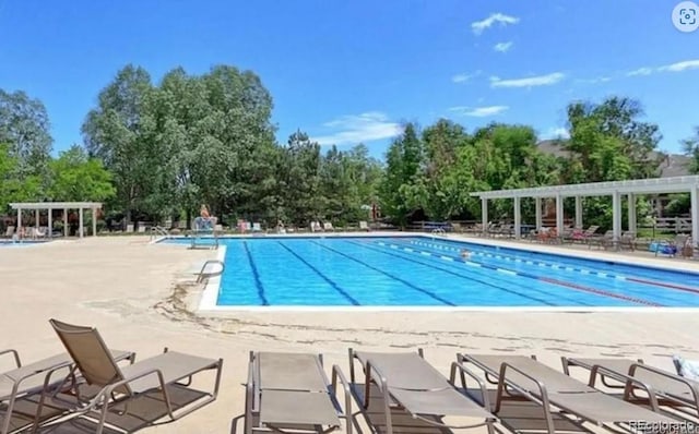 view of swimming pool with a pergola and a patio