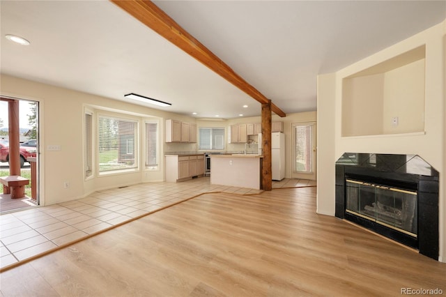 753 County Road 830 Unit 1, Fraser, CO 80442 - unfurnished living room with light wood finished floors, recessed lighting, beam ceiling, and a fireplace
