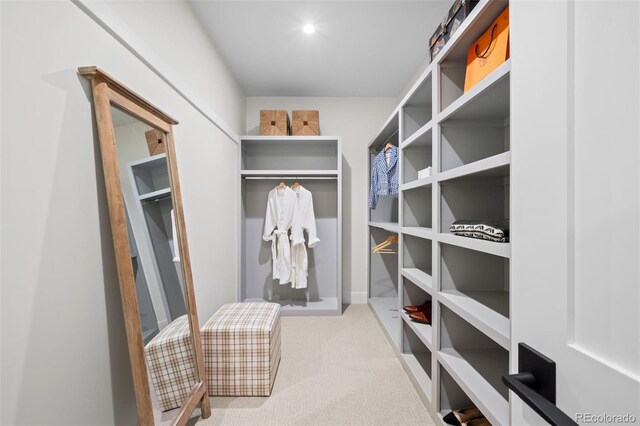 walk in closet with light colored carpet