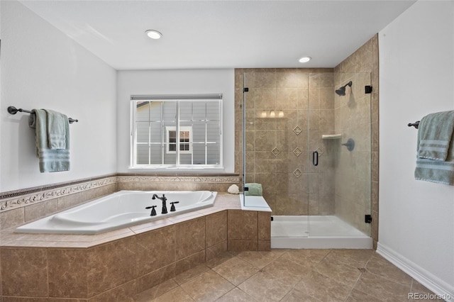 full bathroom with a stall shower, tile patterned floors, a garden tub, and recessed lighting