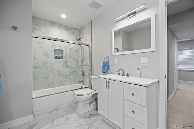 bathroom with toilet, marble finish floor, vanity, visible vents, and bath / shower combo with glass door