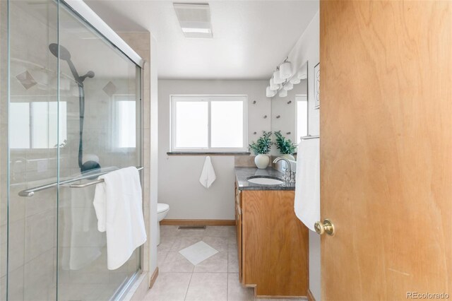 full bath with vanity, a shower stall, tile patterned flooring, and toilet