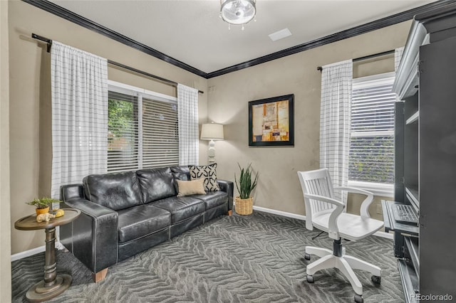 9856 Glenstone Trl, Highlands Ranch, CO 80130 - office area featuring carpet floors, plenty of natural light, and crown molding