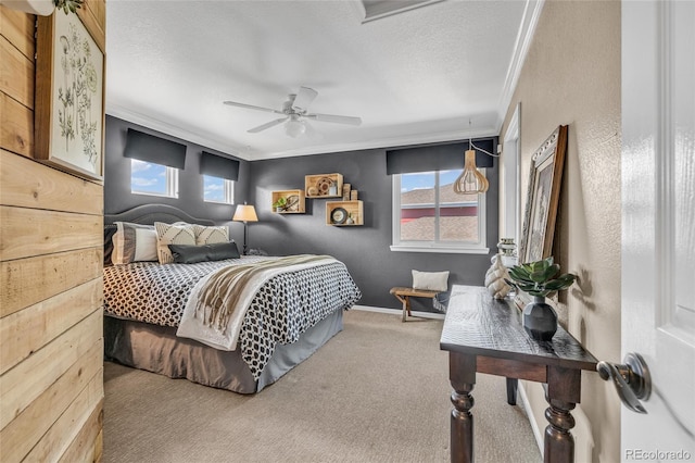 9856 Glenstone Trl, Highlands Ranch, CO 80130 - bedroom with carpet flooring, crown molding, a textured ceiling, a ceiling fan, and a textured wall