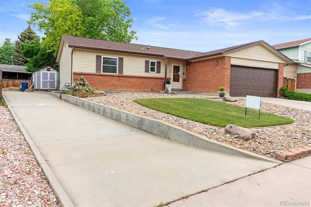 7659 S Holland Way, Littleton, CO 80128 - single story home with brick siding, concrete driveway, a shed, a garage, and a front lawn