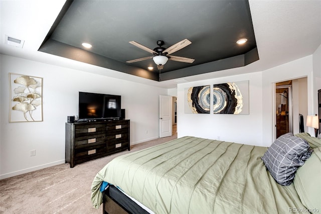985 S Elk Way, Aurora, CO 80018 - bedroom featuring a raised ceiling, carpet flooring, recessed lighting, and a ceiling fan