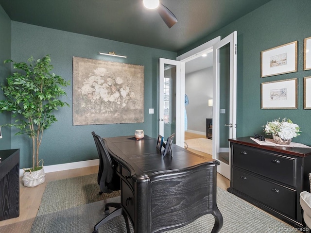 9035 S Shawnee Ct, Aurora, CO 80016 - office area featuring ceiling fan, wood finished floors, and baseboards