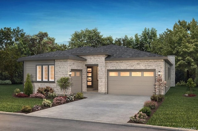 view of front of home with a garage and a front lawn