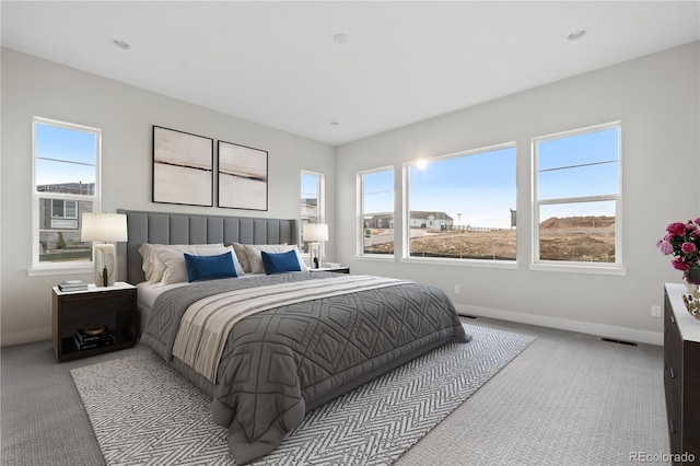 bedroom with multiple windows and light colored carpet