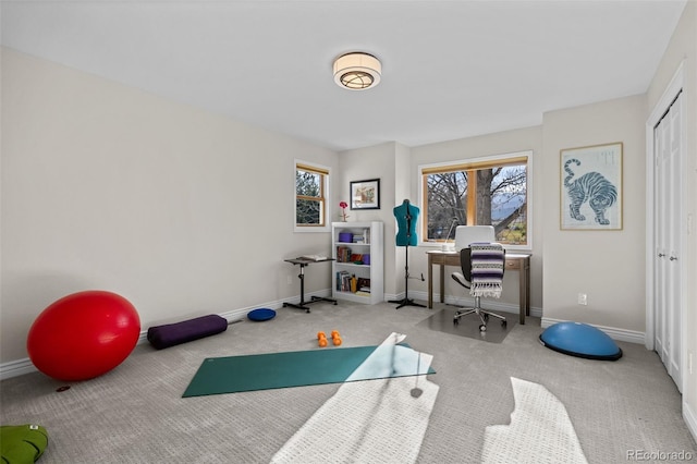 exercise room featuring light colored carpet