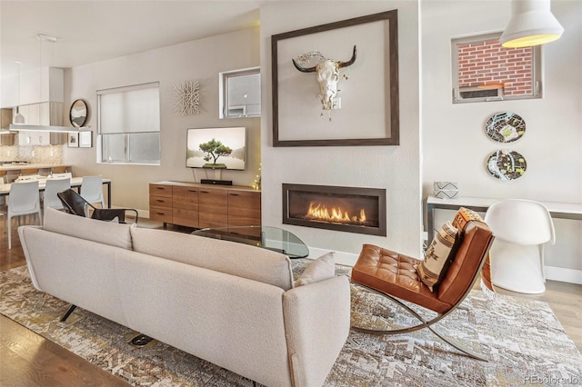 living room featuring a glass covered fireplace and wood finished floors