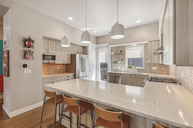 kitchen featuring appliances with stainless steel finishes, a sink, a peninsula, backsplash, and dark wood-style floors