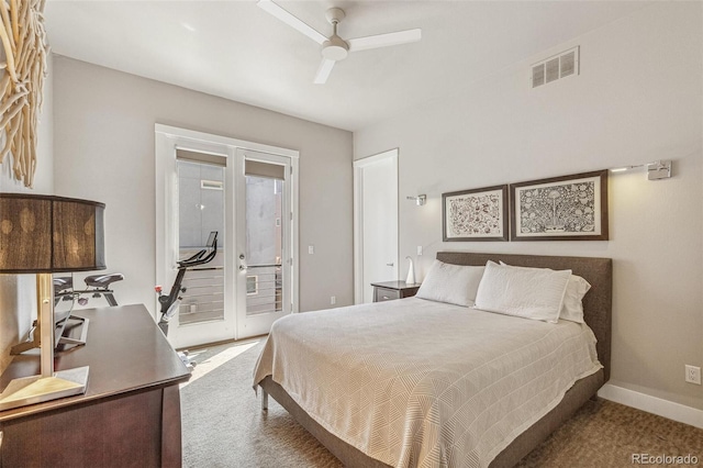carpeted bedroom with visible vents, baseboards, ceiling fan, access to outside, and french doors