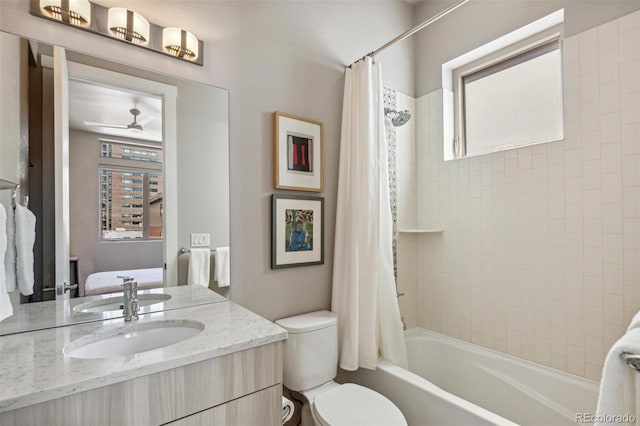 1012 Bannock St, Denver, CO 80204 - bathroom with vanity, toilet, and shower / bathtub combination with curtain