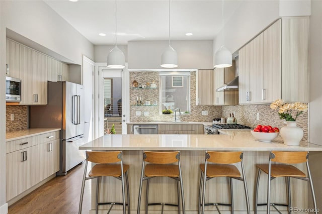 1012 Bannock St, Denver, CO 80204 - kitchen featuring appliances with stainless steel finishes, a peninsula, tasteful backsplash, light countertops, and wood finished floors