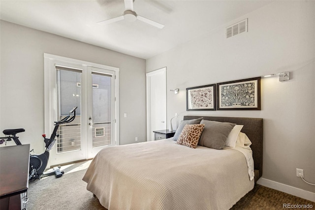 1012 Bannock St, Denver, CO 80204 - bedroom featuring french doors, access to exterior, carpet floors, baseboards, and a ceiling fan