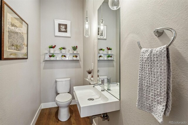 1012 Bannock St, Denver, CO 80204 - half bathroom with toilet, wood finished floors, a sink, and baseboards